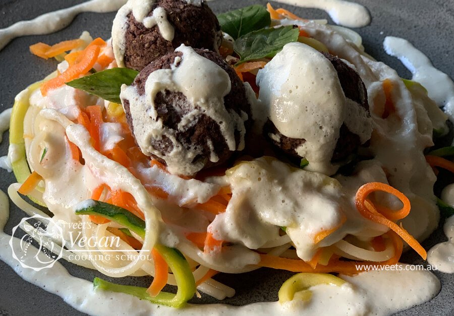 Carrot Zucchini Pasta with Adzuki Bean Balls and Leek and Lemon Sauce