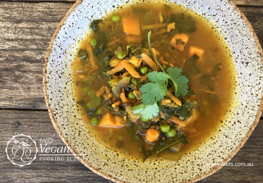 Curried Kale, Sweet Potato, Pea and Carrot Soup