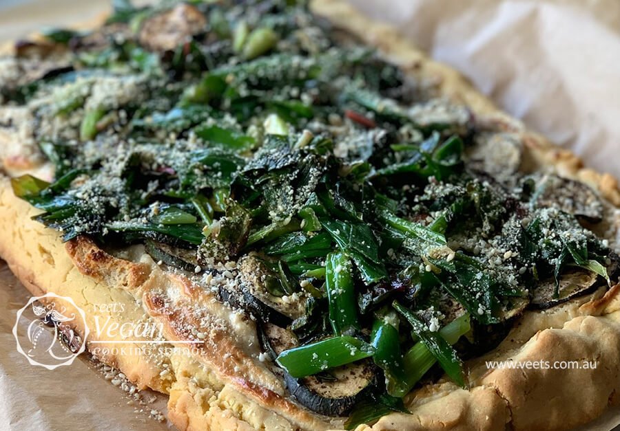 Marinated Zucchini, Spring onions and Corn bread Galette with Cashew Mascarpone and Sprinkle 