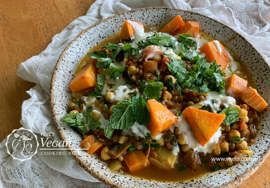 Chickpea and Red Lentil Moroccan Hot Pot with Tahini Sauce