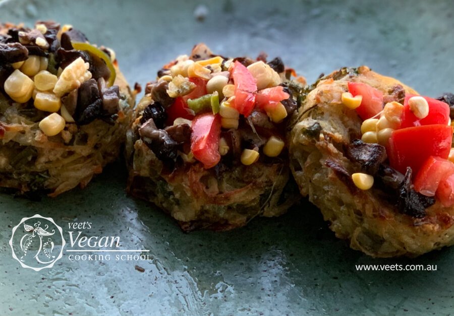 Potato and Pea Latke with Tomato, Mushroom and Corn Salsa