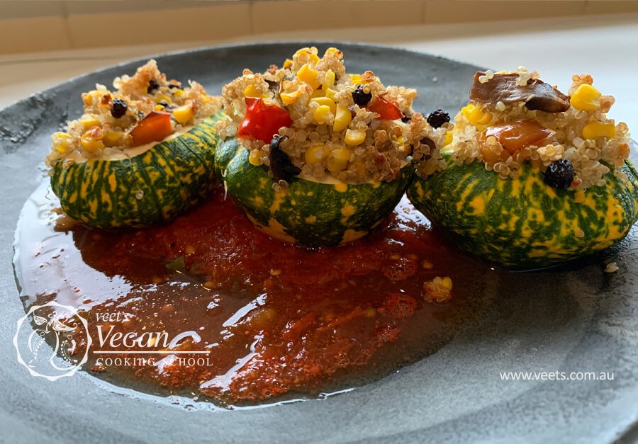 Quinoa, Mushroom, Corn and Red Capsicum Filled Zucchini 